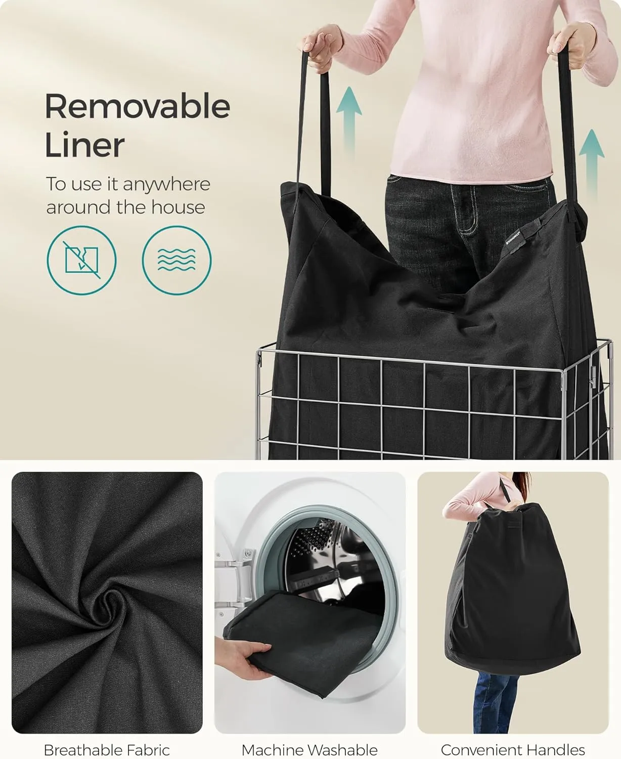 SONGMICS Laundry Hamper, 29 Gal. (110L) Laundry Basket, Collapsible Clothes Hamper, Removable and Washable Liner, Metal Wire Frame, for Bedroom Bathroom, Silver and Classic Black ULCB111B01
