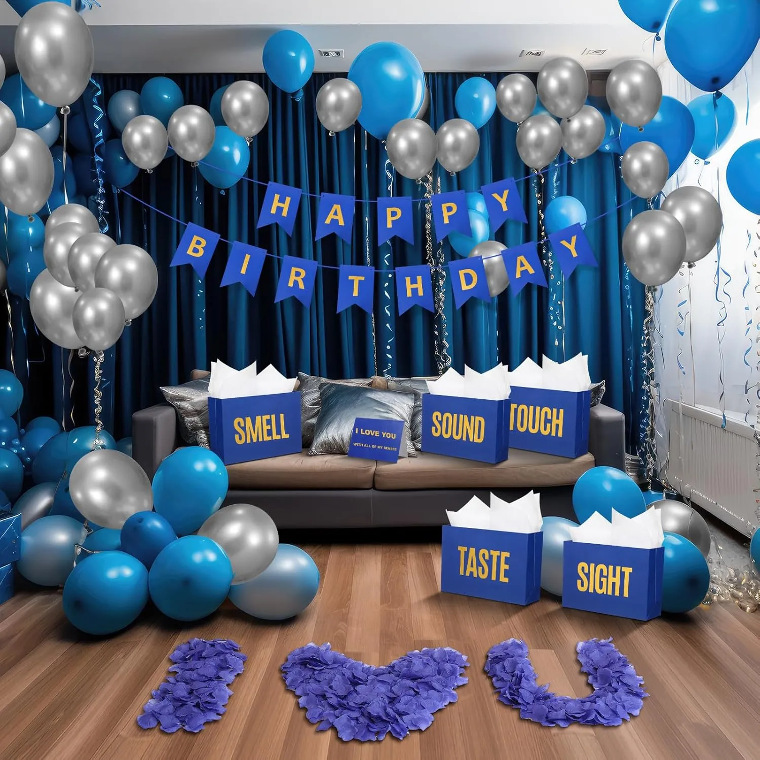 Soulchen 5 Senses Gift Birthday Decorations Five Senses Gift Bags Party Decoration with Happy Birthday Banner Taste Touch Sound Rose Petals Balloon for Party(Blue Gold)
