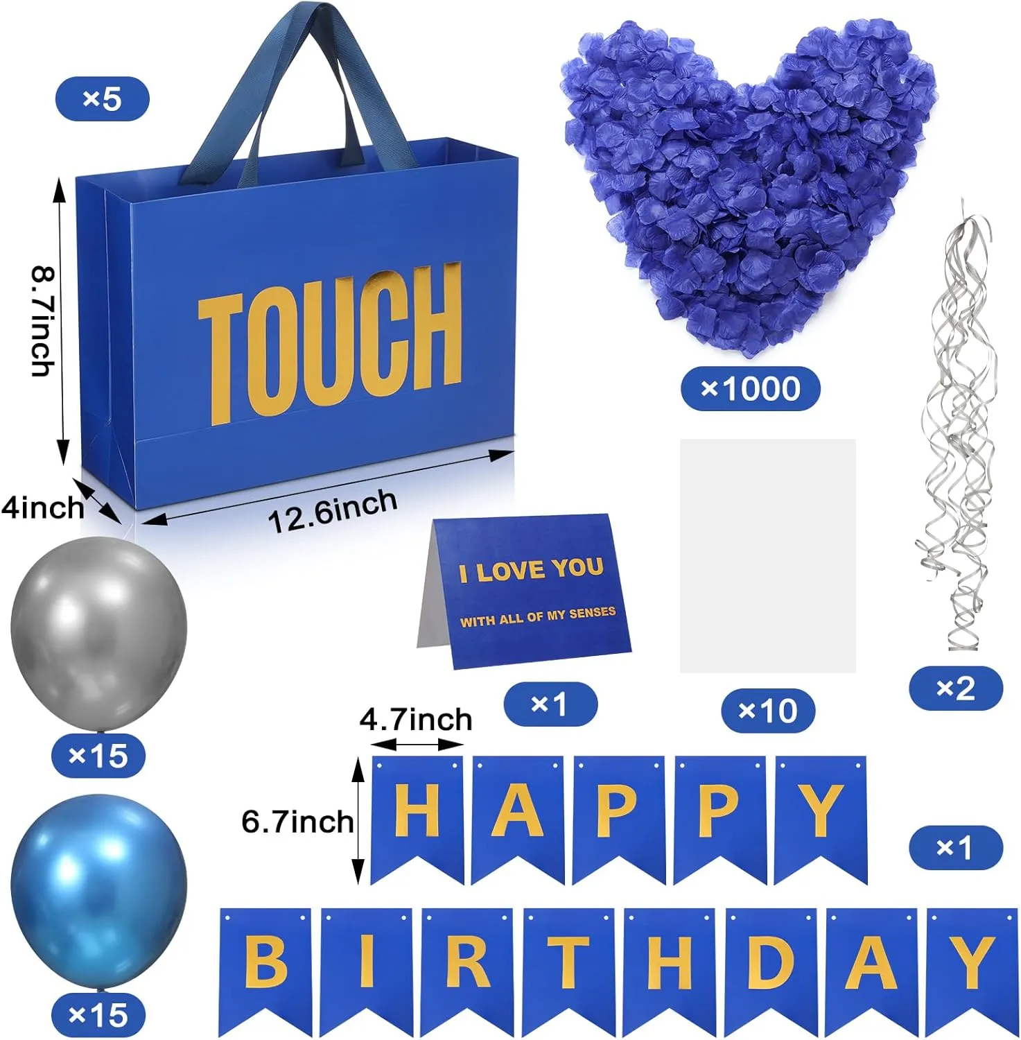 Soulchen 5 Senses Gift Birthday Decorations Five Senses Gift Bags Party Decoration with Happy Birthday Banner Taste Touch Sound Rose Petals Balloon for Party(Blue Gold)