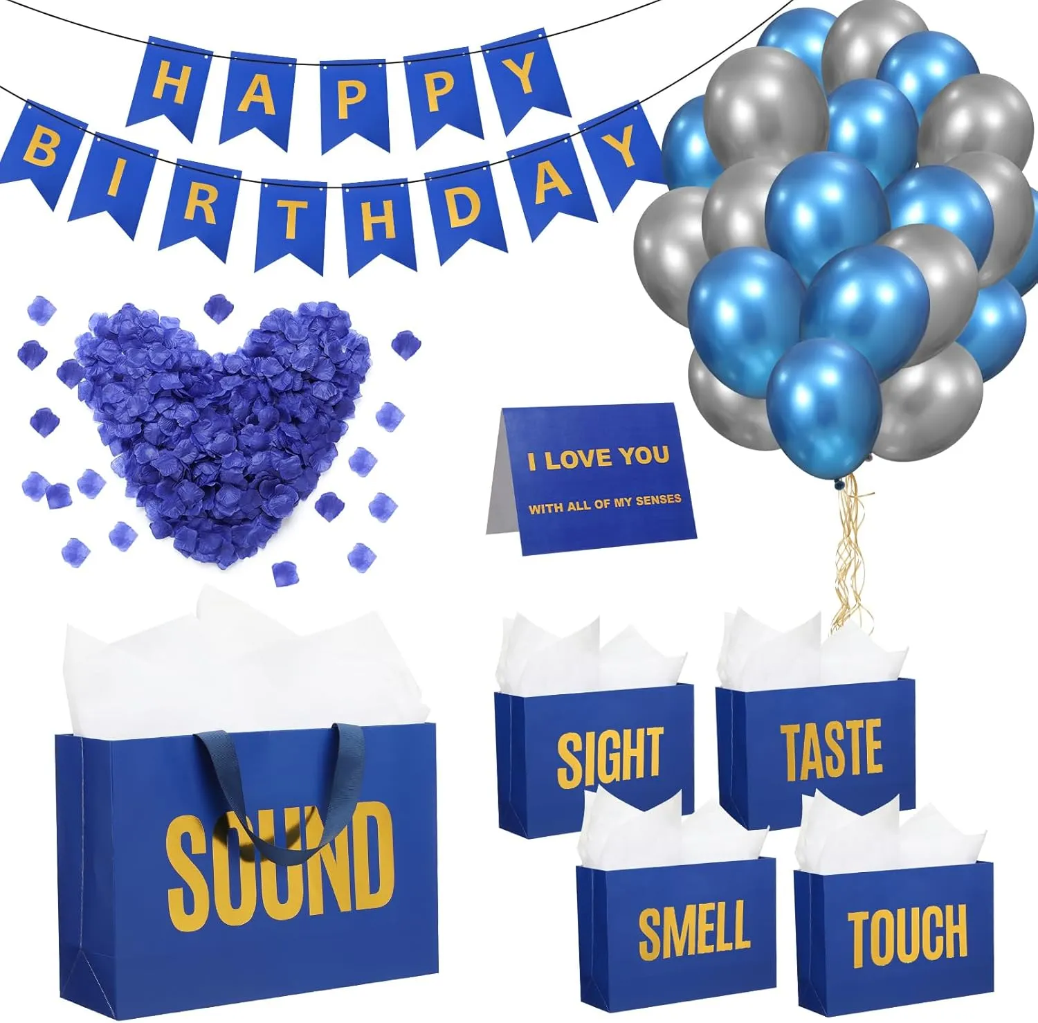 Soulchen 5 Senses Gift Birthday Decorations Five Senses Gift Bags Party Decoration with Happy Birthday Banner Taste Touch Sound Rose Petals Balloon for Party(Blue Gold)