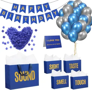 Soulchen 5 Senses Gift Birthday Decorations Five Senses Gift Bags Party Decoration with Happy Birthday Banner Taste Touch Sound Rose Petals Balloon for Party(Blue Gold)