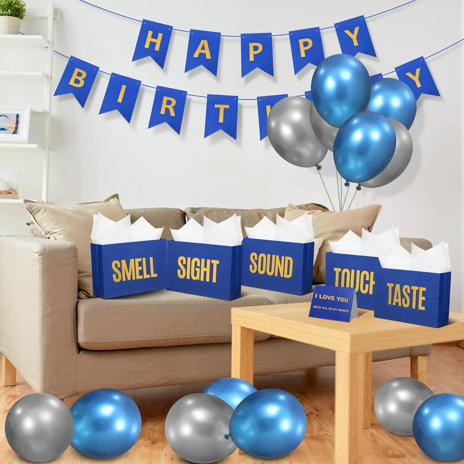 Soulchen 5 Senses Gift Birthday Decorations Five Senses Gift Bags Party Decoration with Happy Birthday Banner Taste Touch Sound Rose Petals Balloon for Party(Blue Gold)