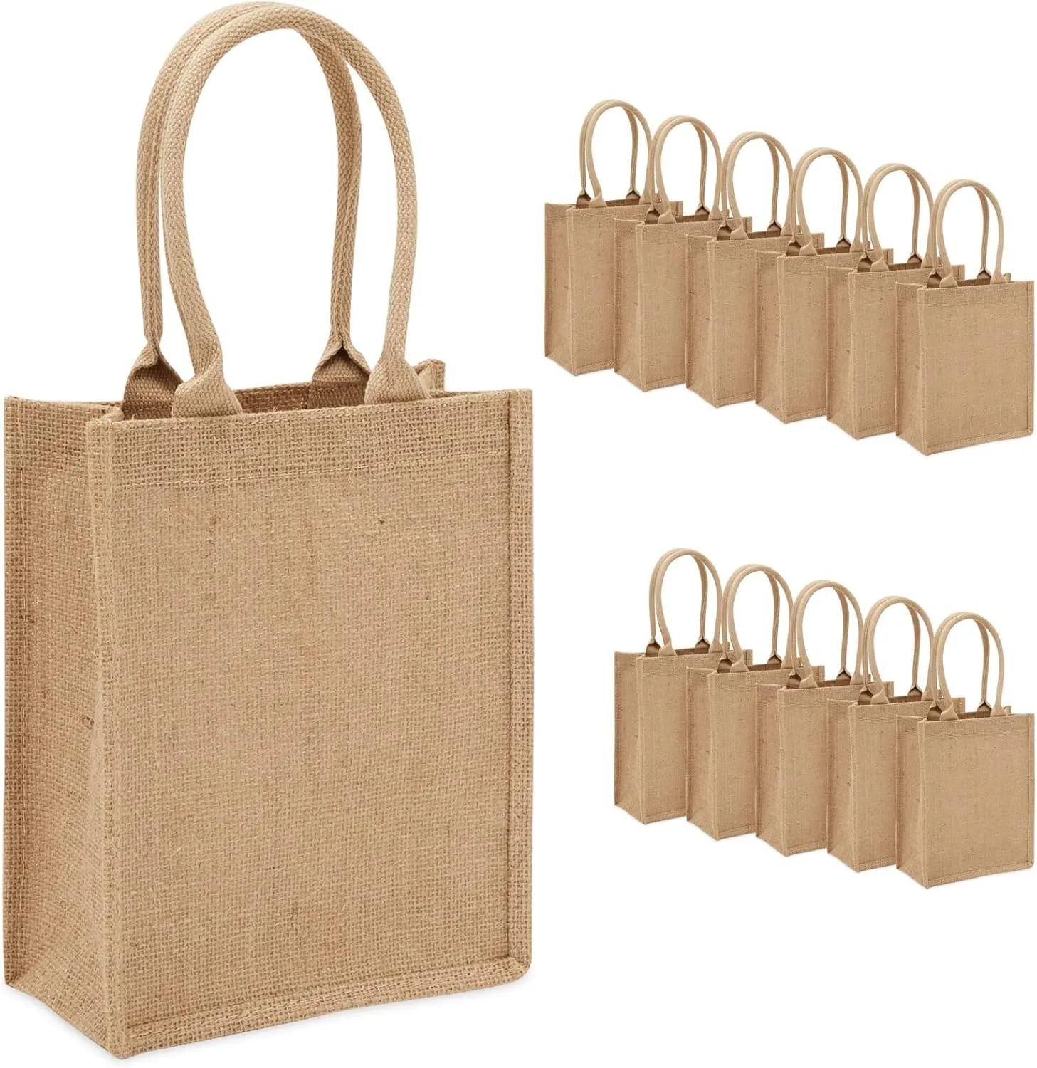 Sparkle and Bash 12 Pack of Natural Burlap Tote Bags with Handles 8 x 10 x 4 Inches for Groceries, Shopping, Beach, DIY Crafts, and Art Projects - Bulk of Reusable Burlap Bags with Handles