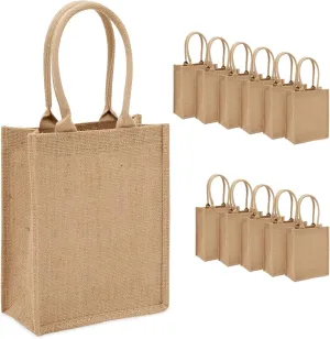 Sparkle and Bash 12 Pack of Natural Burlap Tote Bags with Handles 8 x 10 x 4 Inches for Groceries, Shopping, Beach, DIY Crafts, and Art Projects - Bulk of Reusable Burlap Bags with Handles