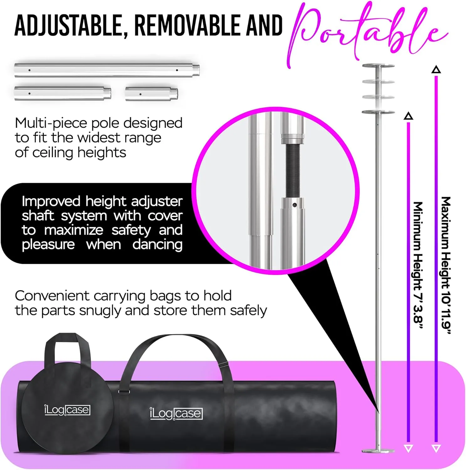 Spinning Dancing Pole for Home | Portable and Heavy Duty 45mm Dance Pole Apartment Friendly, Adjustable Height 7ft to 11ft, w/Pole Conditioning Bands Set, LED Light and Carry Bags