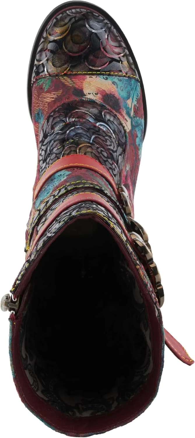 Spring Step L'Artiste Averie Women's Moto-Inspired Bootie - Quilted Upper, Metallic Prints, Decorative Straps