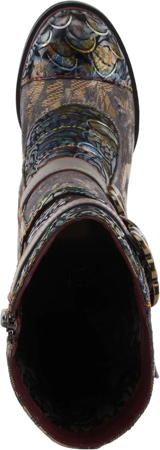Spring Step L'Artiste Averie Women's Moto-Inspired Bootie - Quilted Upper, Metallic Prints, Decorative Straps