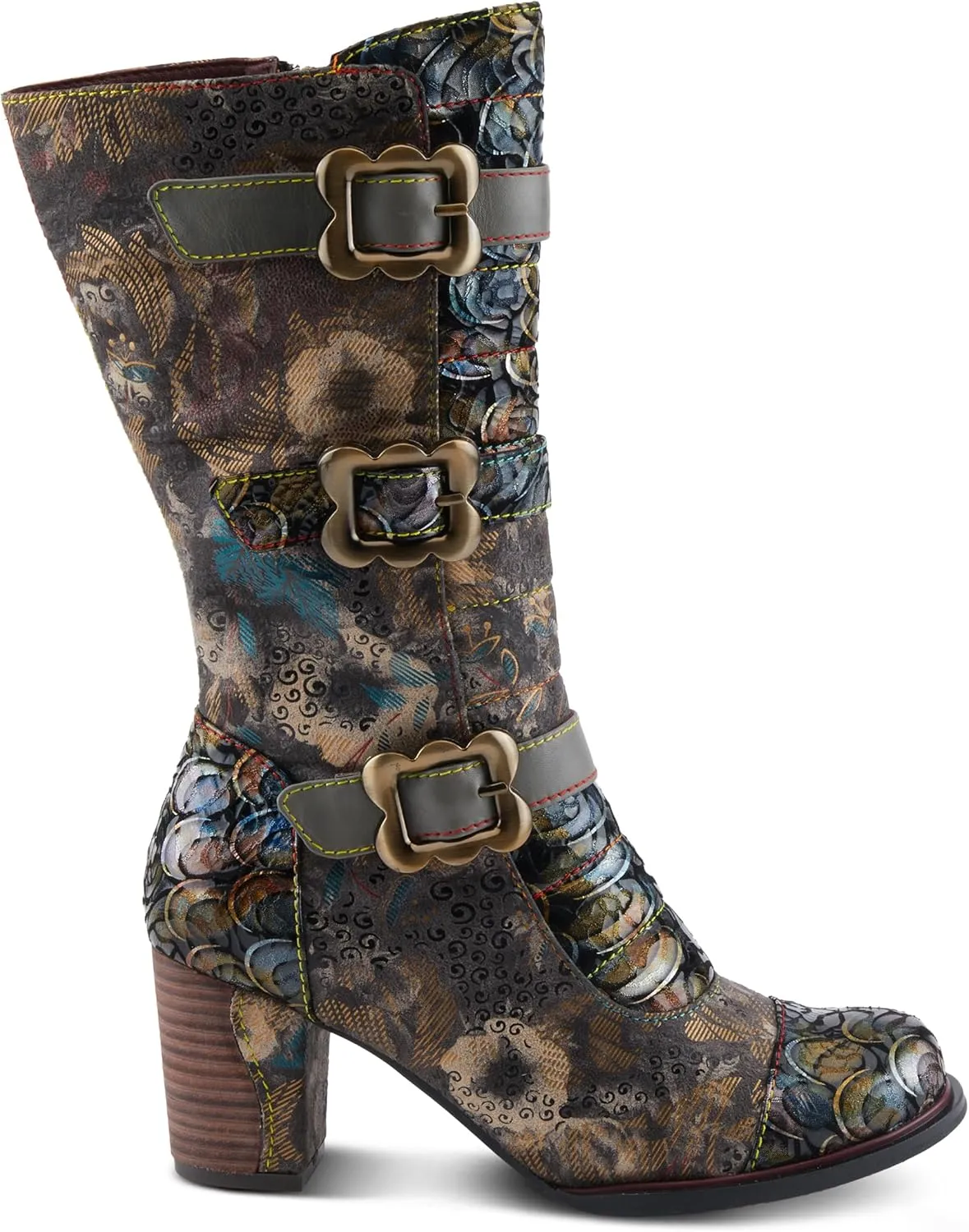 Spring Step L'Artiste Averie Women's Moto-Inspired Bootie - Quilted Upper, Metallic Prints, Decorative Straps