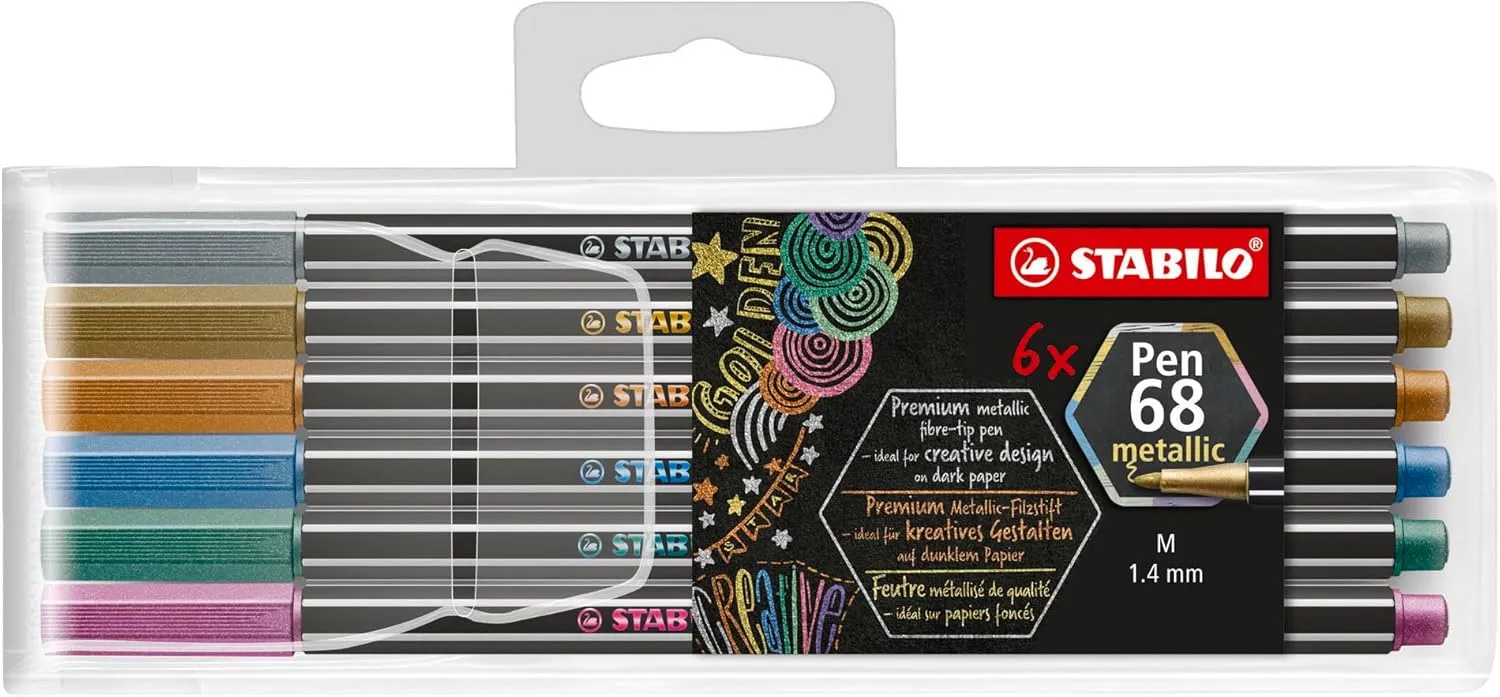 STABILO Premium Metallic Fiber-Tip Pen Pen 68 metallic - Pack of 6 - Coloring Felt Tip Marker, Fine Point, 1mm Tip