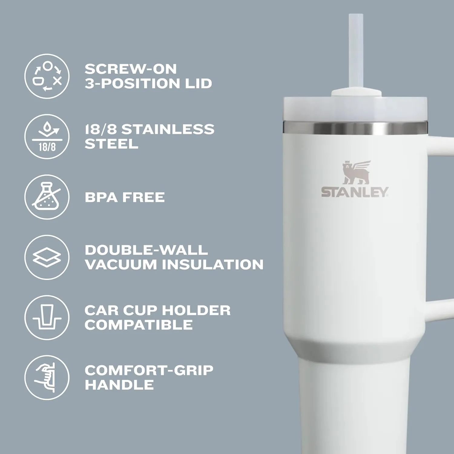 Stanley Quencher H2.0 Tumbler with Handle and Straw 40 oz | Flowstate 3-Position Lid | Cup Holder Compatible for Travel | Insulated Stainless Steel Cup | BPA-Free | Dune