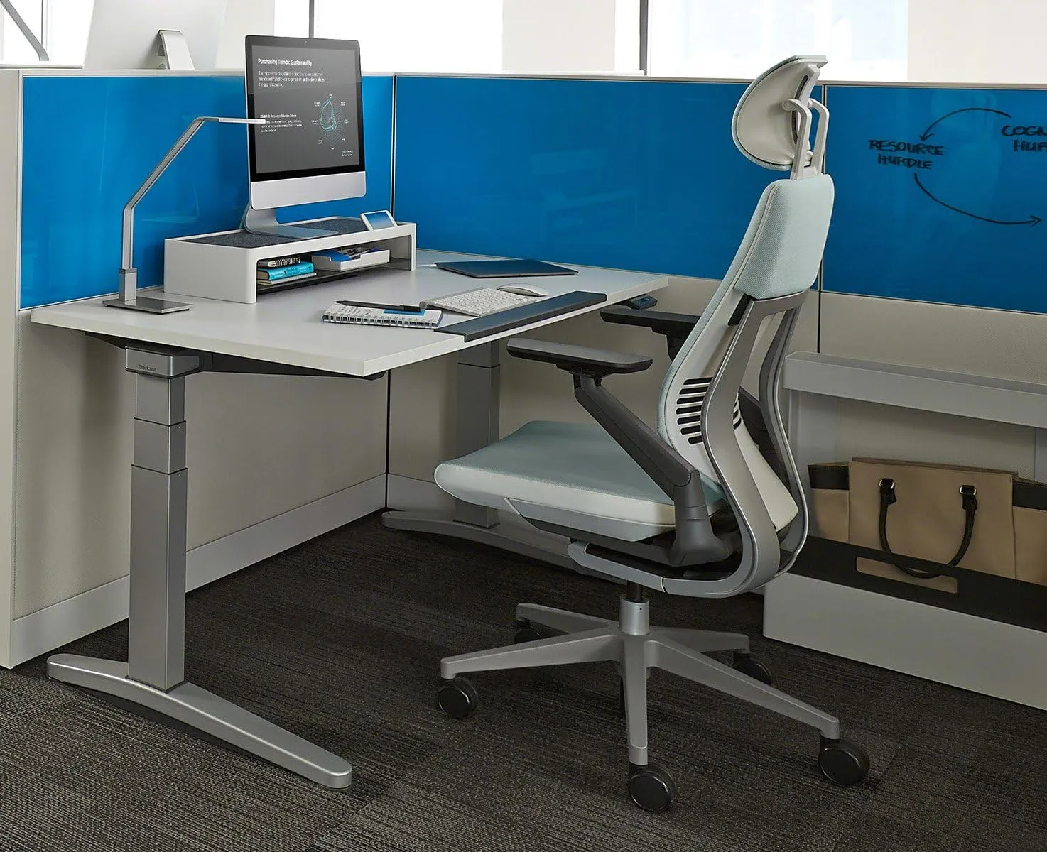 Steelcase Gesture Office Desk Chair with Headrest Plus Lumbar Support Bo Peep Safari Fabric High Platinum Metallic Frame (Light/Light) Hard Floor Casters
