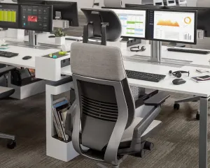 Steelcase Gesture Office Desk Chair with Headrest Plus Lumbar Support Bo Peep Safari Fabric High Platinum Metallic Frame (Light/Light) Hard Floor Casters