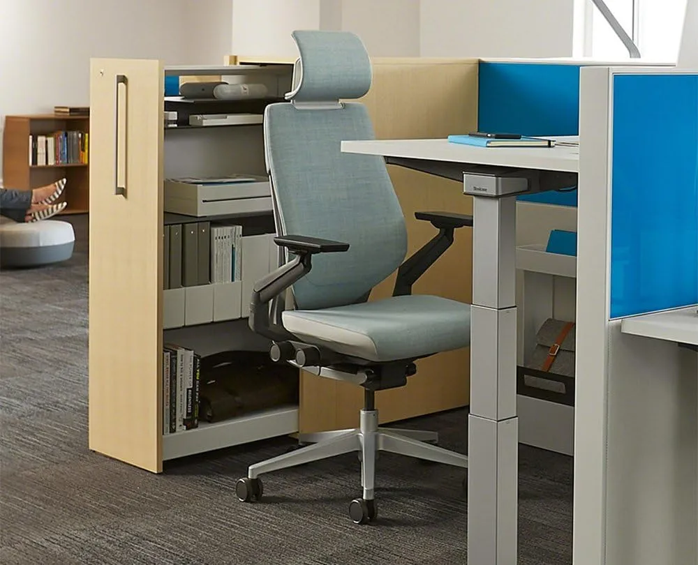 Steelcase Gesture Office Desk Chair with Headrest Plus Lumbar Support Bo Peep Safari Fabric High Platinum Metallic Frame (Light/Light) Hard Floor Casters