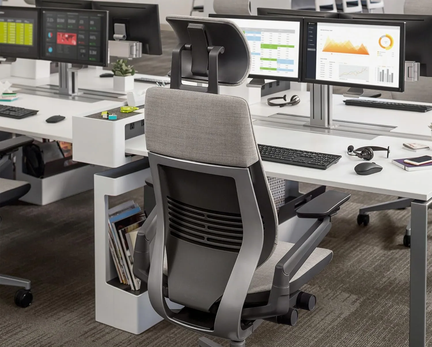 Steelcase Gesture Office Desk Chair with Headrest Plus Lumbar Support Bo Peep Safari Fabric High Platinum Metallic Frame (Light/Light) Hard Floor Casters