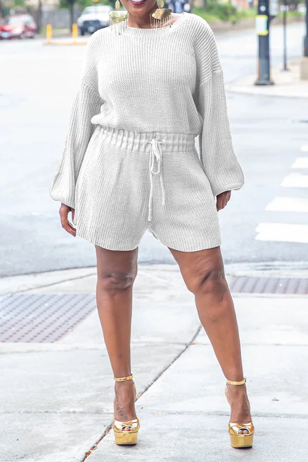 storexq Solid Color Knitted Classic Drawstring Romper