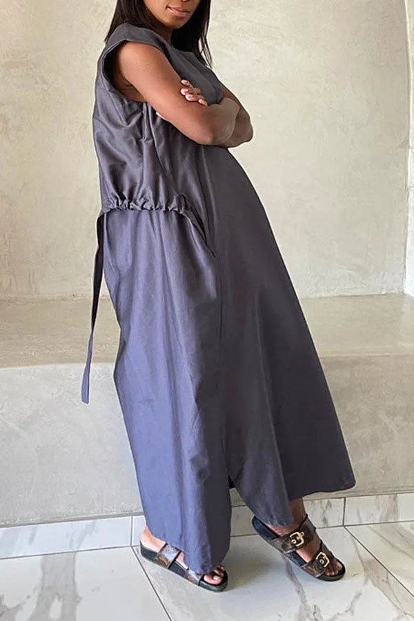 storexq Solid Color Urban Baggy Midi Dress