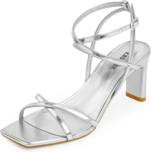 Strappy Heels for Women Square Open Toe Chunky High Heels Ankle Strap Sandals Comfort Dress Party Wedding Shoes