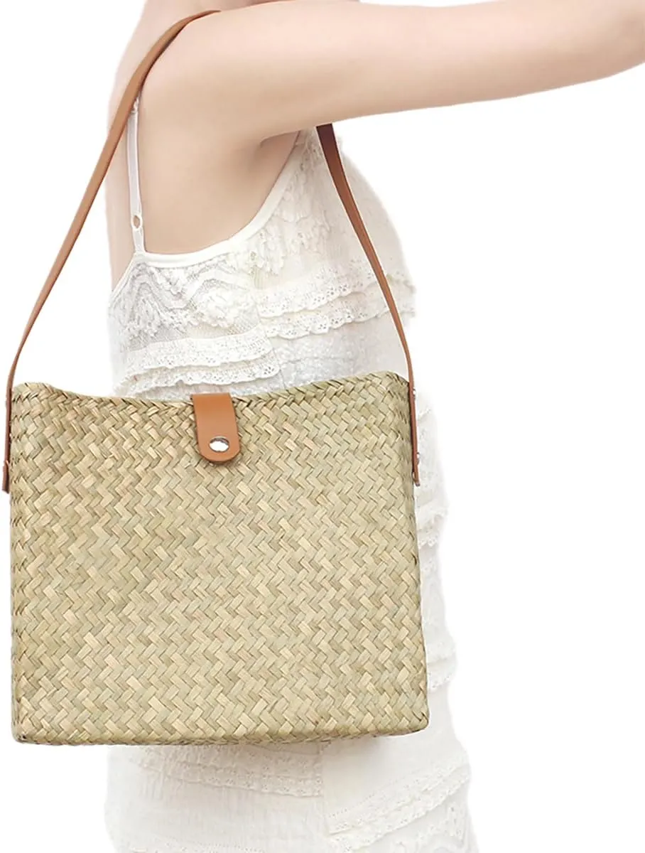 Straw Beach Tote Bag Clutch Straw Shoulder Bag for Women, Natural Woven Handbag No Lining Summer Purse for Vacation