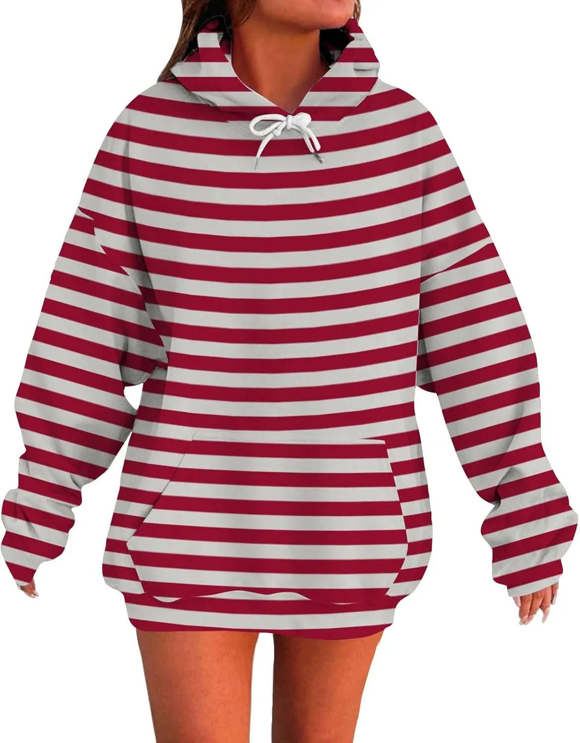 Striped Sweatshirts Women Long Sleeve Drawstring Athletic Hoodies Pullover Sweater Tops Preppy Clothes Fall Outfits