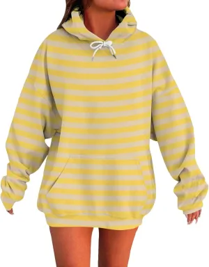 Striped Sweatshirts Women Long Sleeve Drawstring Athletic Hoodies Pullover Sweater Tops Preppy Clothes Fall Outfits