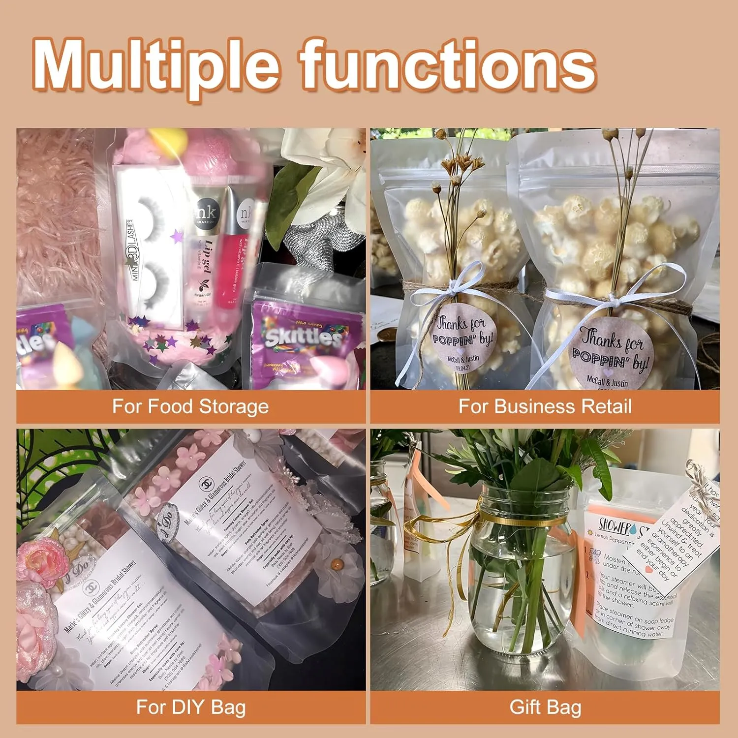 SumDirect 50Pcs 5x8 inches Matte Frosted (Not Clear) Zipper Resealable Stand Up Drink Bags,Snack Food Tea Packing Drinking Pouches - 5x8inches