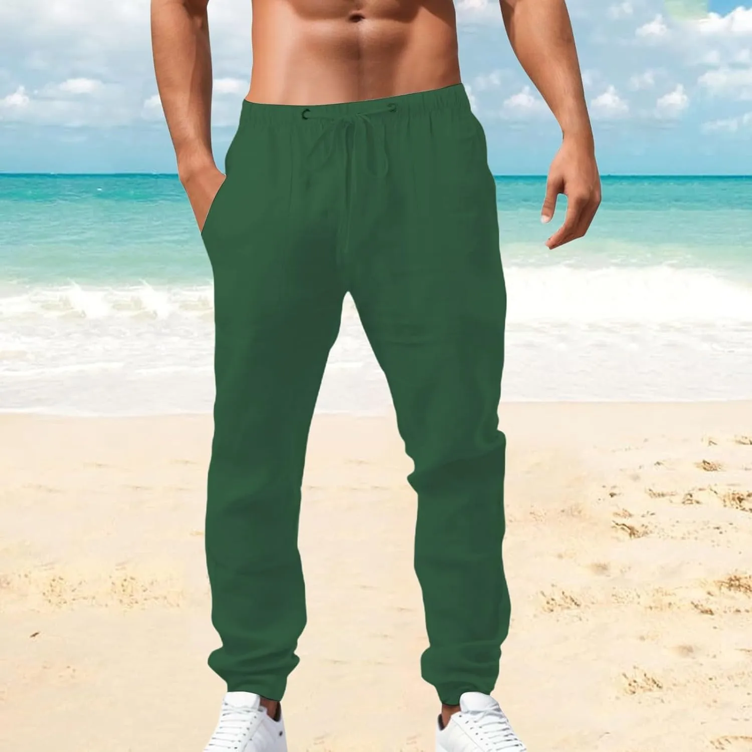 Summer Casual Linen Pants for Men Long Length Straight Leg Beach Plain Pant Trendy Outdoor Travel Trousers Pajamas