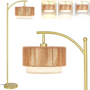 SUNMORY Floor Lamps for Living Room with 12W LED Bulb, Arc Floor Lamp with 3 Color Temperatures, Farmhouse Floor Lamps with Adjustable Rattan & Fabric Shades, Boho Standing Lamp for Bedroom, Corner