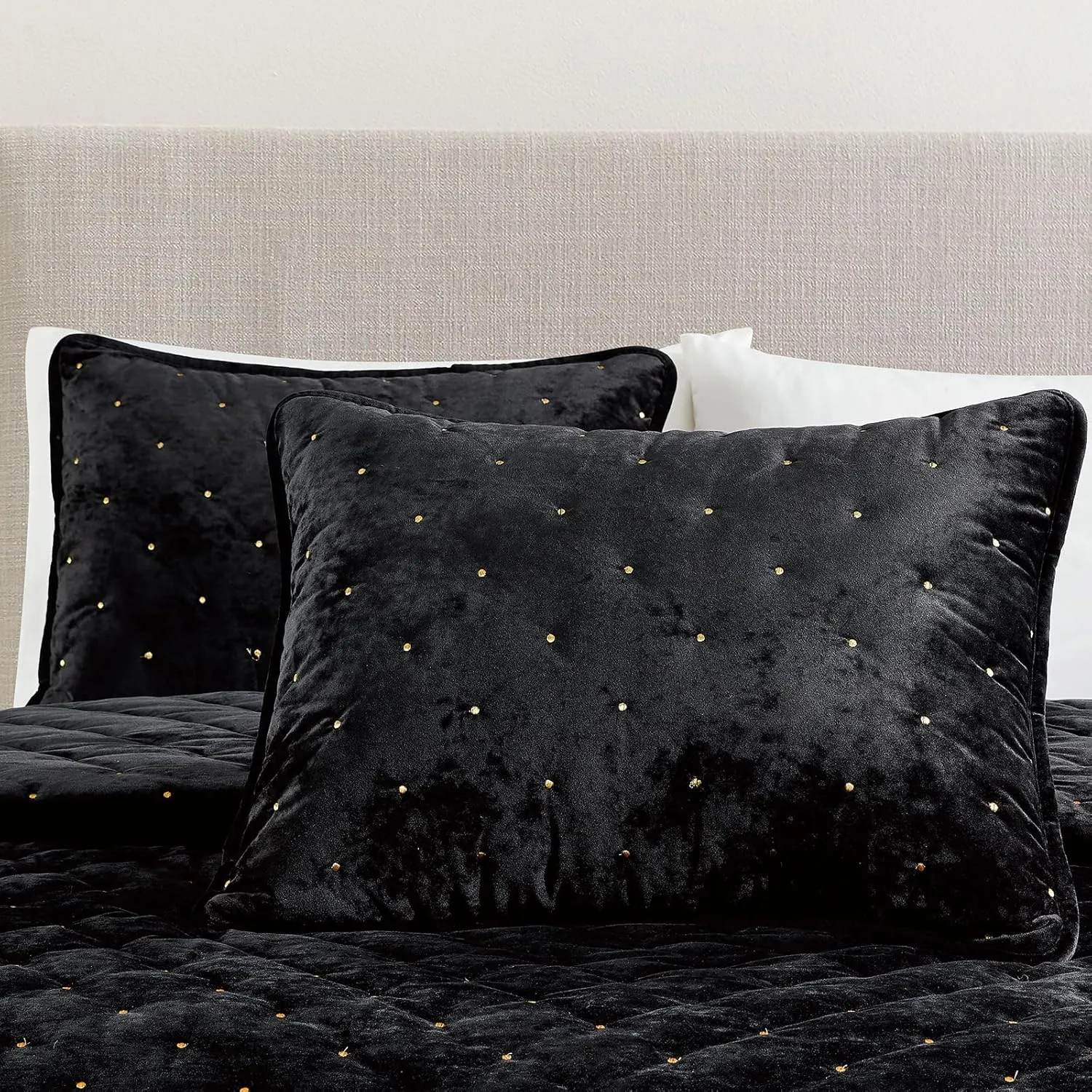 Sunshine Nicole Embroidery Quilt Set with Metallic Gold Thread, Distressed Velvet Face and Brushed Solid Microfiber Reverse, with Light Weight Soft Poly Fill, 3 Pieces Black Gold, King
