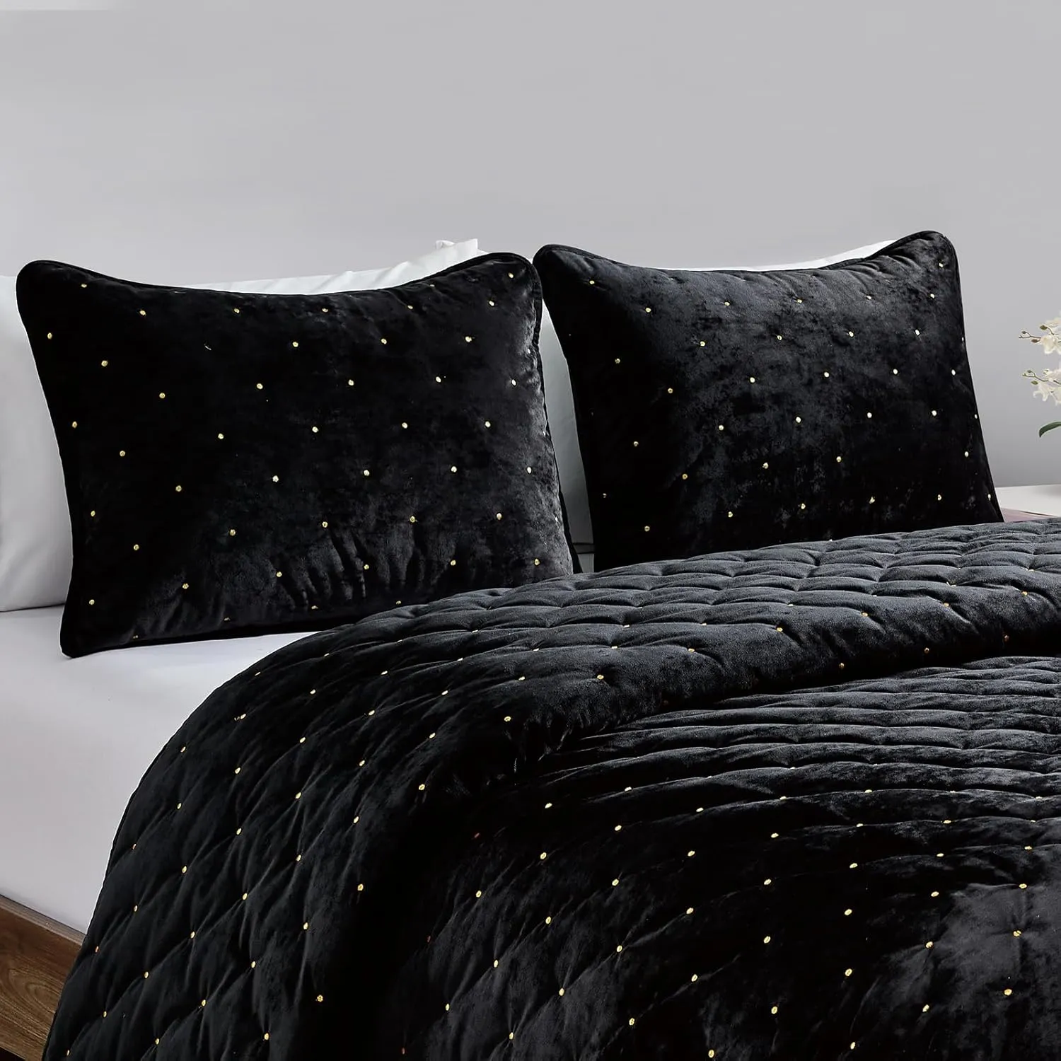 Sunshine Nicole Embroidery Quilt Set with Metallic Gold Thread, Distressed Velvet Face and Brushed Solid Microfiber Reverse, with Light Weight Soft Poly Fill, 3 Pieces Black Gold, King