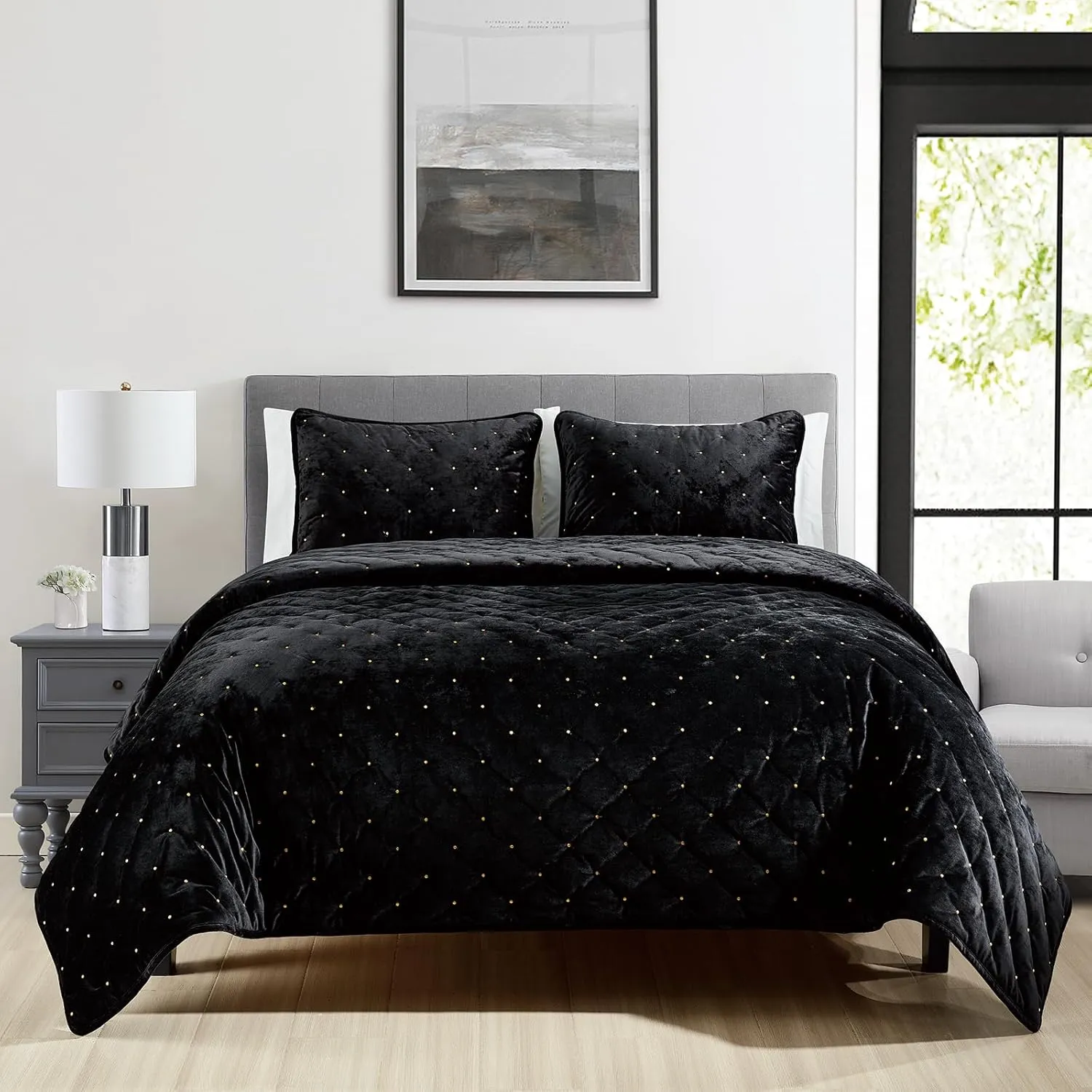 Sunshine Nicole Embroidery Quilt Set with Metallic Gold Thread, Distressed Velvet Face and Brushed Solid Microfiber Reverse, with Light Weight Soft Poly Fill, 3 Pieces Black Gold, King