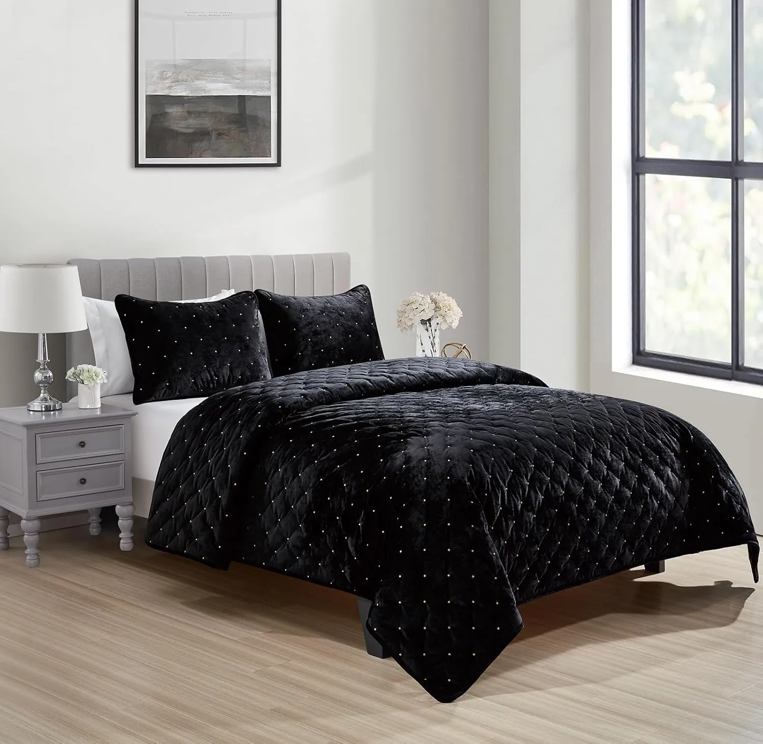 Sunshine Nicole Embroidery Quilt Set with Metallic Gold Thread, Distressed Velvet Face and Brushed Solid Microfiber Reverse, with Light Weight Soft Poly Fill, 3 Pieces Black Gold, King