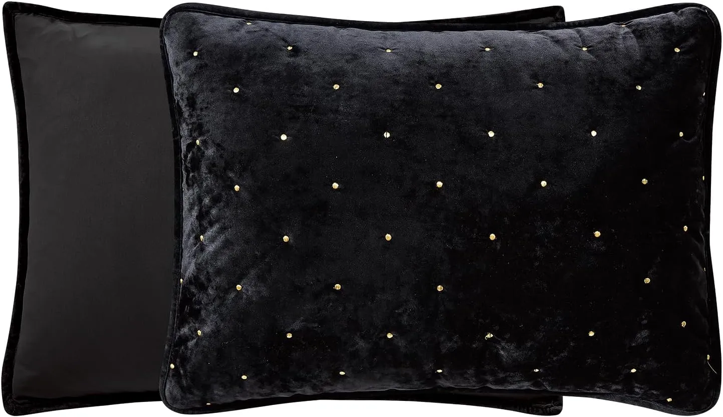 Sunshine Nicole Embroidery Quilt Set with Metallic Gold Thread, Distressed Velvet Face and Brushed Solid Microfiber Reverse, with Light Weight Soft Poly Fill, 3 Pieces Black Gold, King