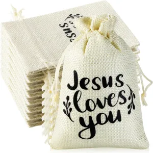 Supervitae 30 Pcs Christian Burlap Gift Bags with Drawstring Jesus Loves You Gift Pouch 4x6 Inch Religious Bible Party Favor Wrapping Small Jewelry Bags for Mother's Day Church Baptize Party