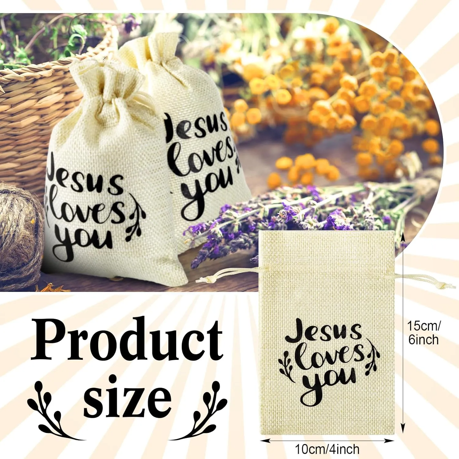 Supervitae 30 Pcs Christian Burlap Gift Bags with Drawstring Jesus Loves You Gift Pouch 4x6 Inch Religious Bible Party Favor Wrapping Small Jewelry Bags for Mother's Day Church Baptize Party