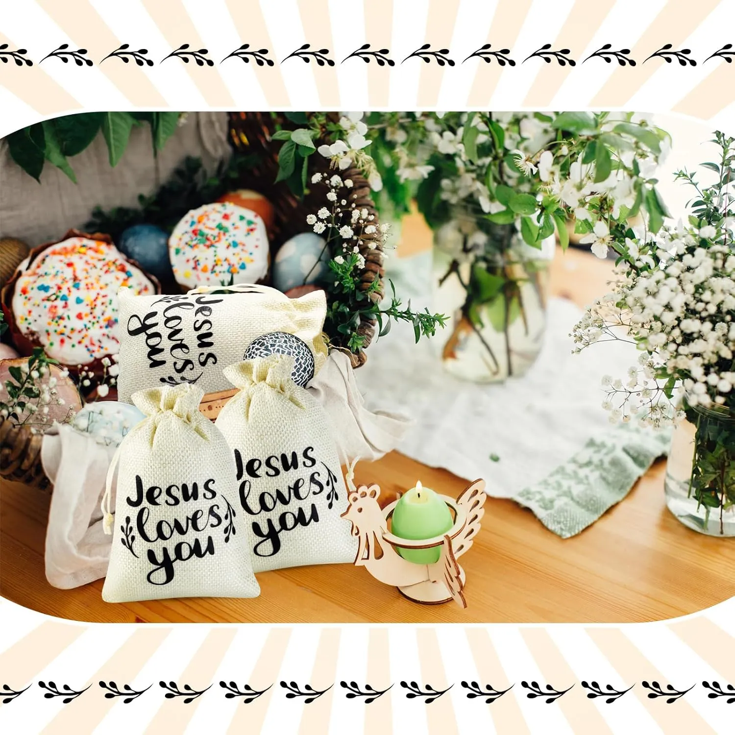 Supervitae 30 Pcs Christian Burlap Gift Bags with Drawstring Jesus Loves You Gift Pouch 4x6 Inch Religious Bible Party Favor Wrapping Small Jewelry Bags for Mother's Day Church Baptize Party