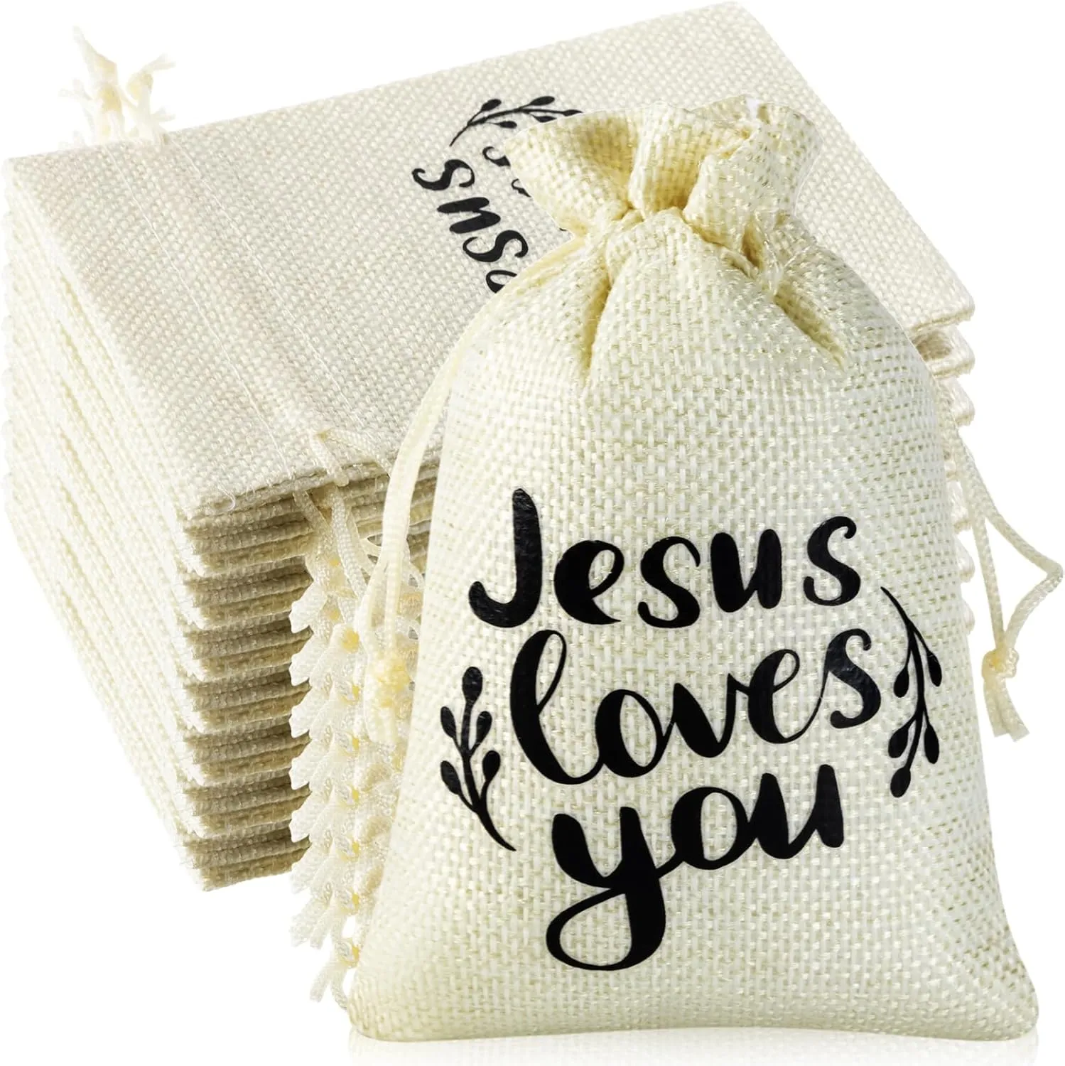 Supervitae 30 Pcs Christian Burlap Gift Bags with Drawstring Jesus Loves You Gift Pouch 4x6 Inch Religious Bible Party Favor Wrapping Small Jewelry Bags for Mother's Day Church Baptize Party