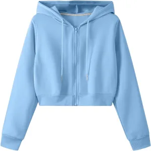 SweatyRocks Women's Long Sleeve Drawstring Full Zip Hooded Jacket Crop Sweatshirt