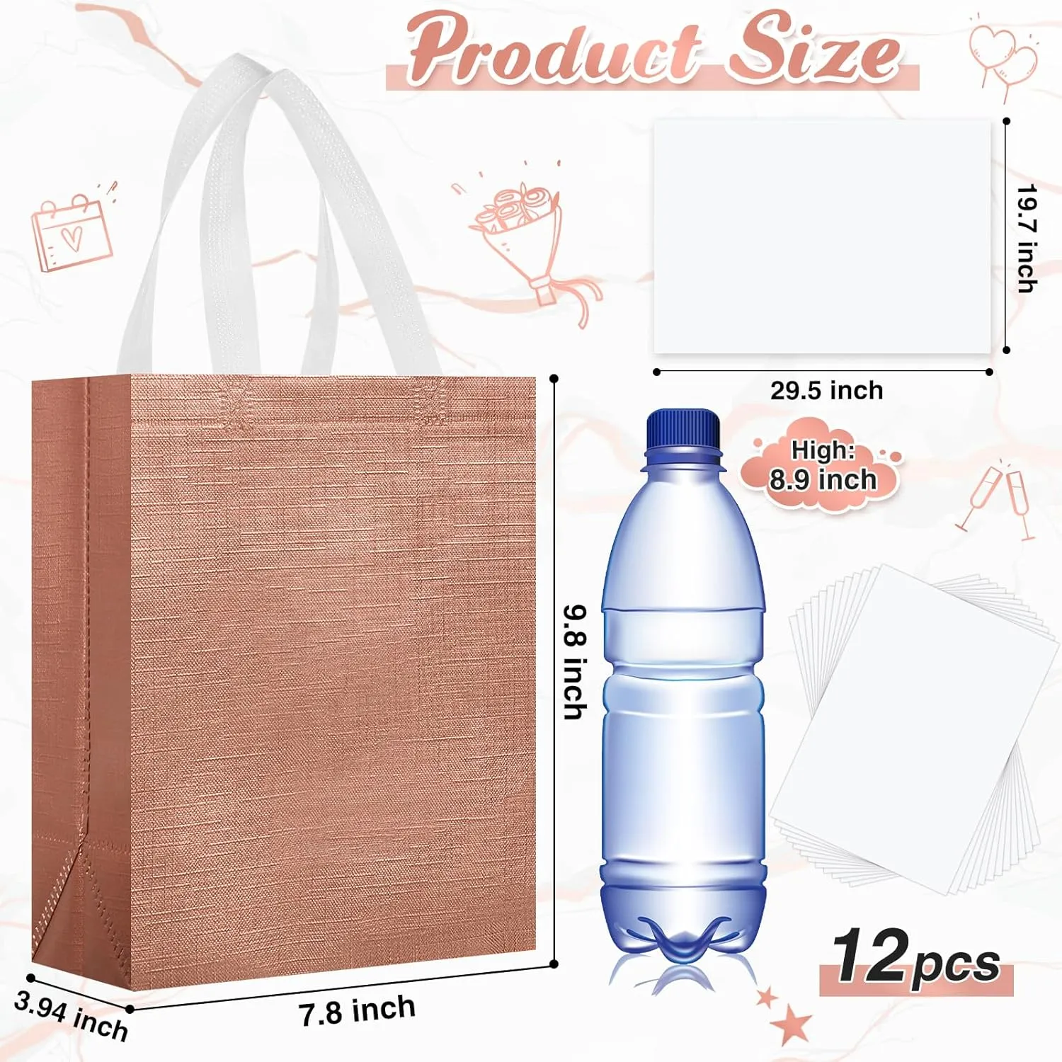 Sweetude 12 Set Glossy Reusable Bridesmaid Gift Bags with Handles Non Woven with Tissue Paper Glitter Bachelorette Bags for Wedding Birthday Baby Shower(10 x 8 x 4 Inch,Rose Gold)