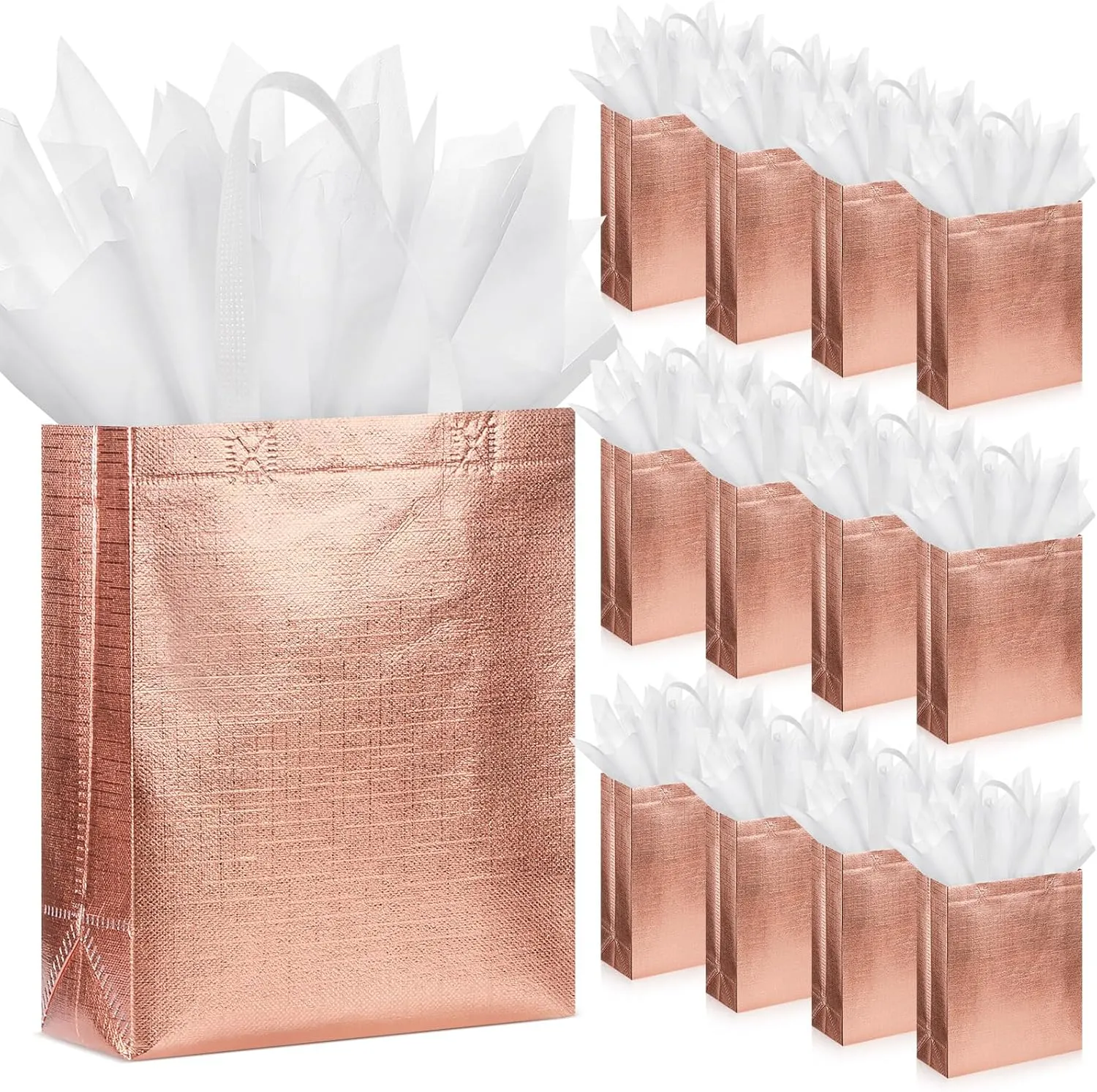 Sweetude 12 Set Glossy Reusable Bridesmaid Gift Bags with Handles Non Woven with Tissue Paper Glitter Bachelorette Bags for Wedding Birthday Baby Shower(10 x 8 x 4 Inch,Rose Gold)