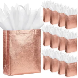 Sweetude 12 Set Glossy Reusable Bridesmaid Gift Bags with Handles Non Woven with Tissue Paper Glitter Bachelorette Bags for Wedding Birthday Baby Shower(10 x 8 x 4 Inch,Rose Gold)