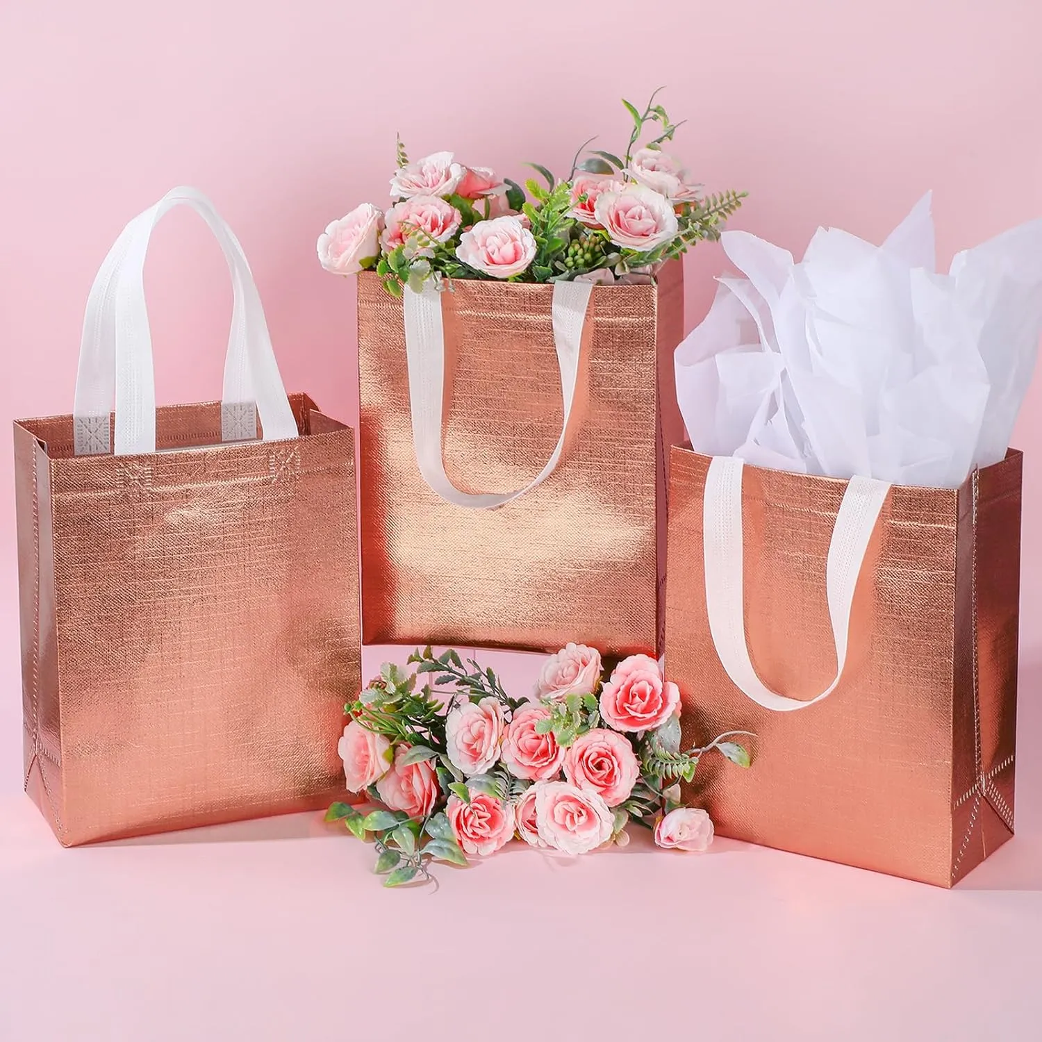 Sweetude 12 Set Glossy Reusable Bridesmaid Gift Bags with Handles Non Woven with Tissue Paper Glitter Bachelorette Bags for Wedding Birthday Baby Shower(10 x 8 x 4 Inch,Rose Gold)
