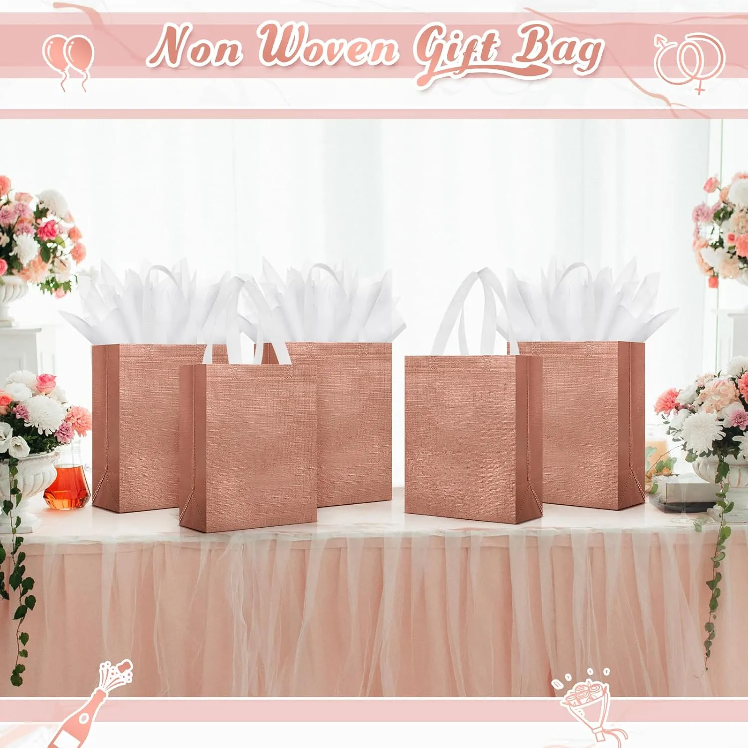 Sweetude 12 Set Glossy Reusable Bridesmaid Gift Bags with Handles Non Woven with Tissue Paper Glitter Bachelorette Bags for Wedding Birthday Baby Shower(10 x 8 x 4 Inch,Rose Gold)