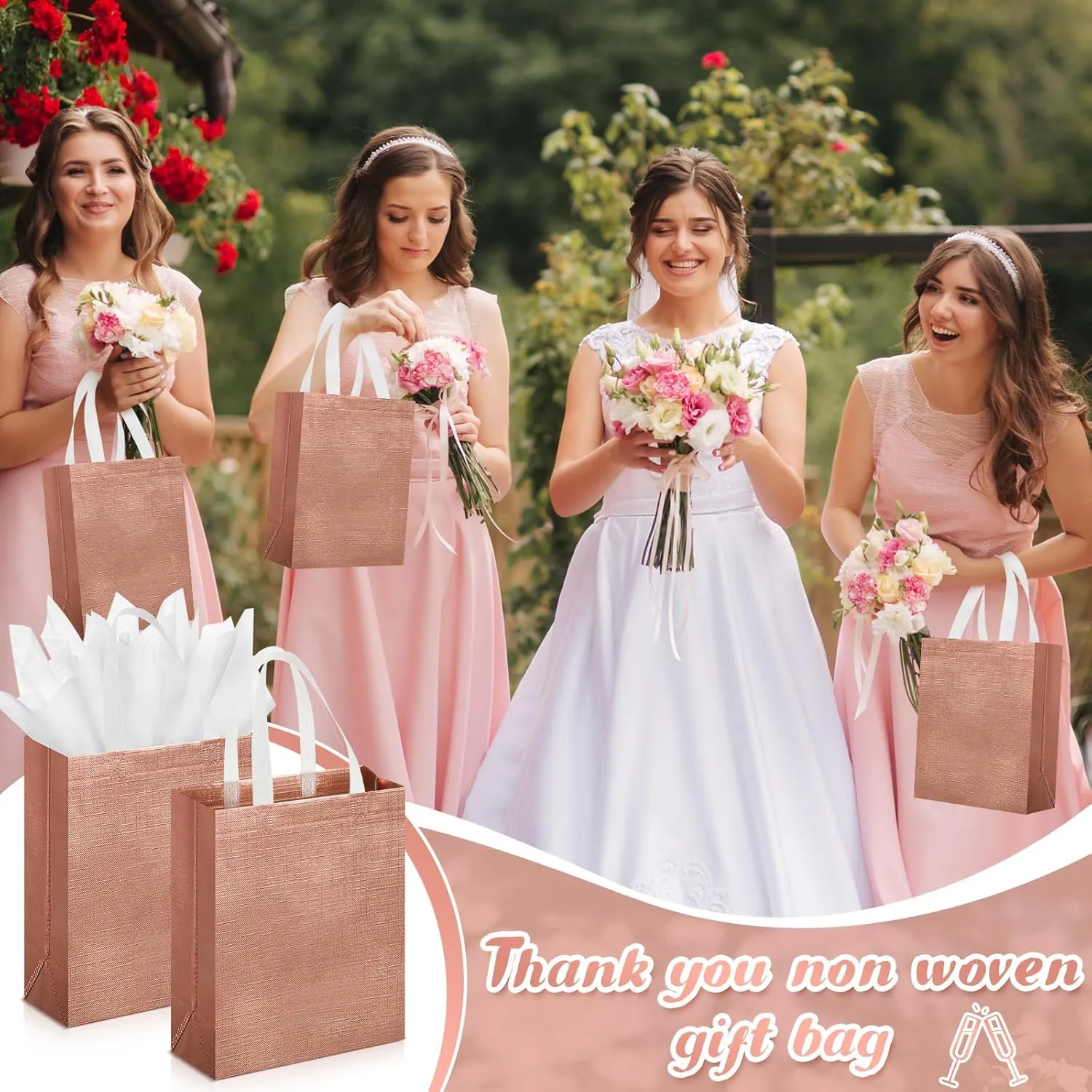Sweetude 12 Set Glossy Reusable Bridesmaid Gift Bags with Handles Non Woven with Tissue Paper Glitter Bachelorette Bags for Wedding Birthday Baby Shower(10 x 8 x 4 Inch,Rose Gold)