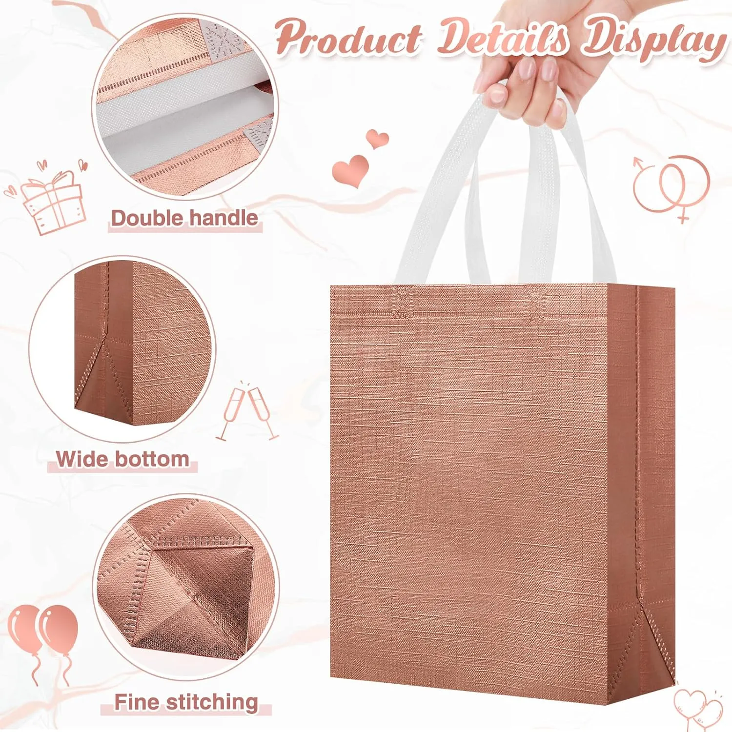 Sweetude 12 Set Glossy Reusable Bridesmaid Gift Bags with Handles Non Woven with Tissue Paper Glitter Bachelorette Bags for Wedding Birthday Baby Shower(10 x 8 x 4 Inch,Rose Gold)