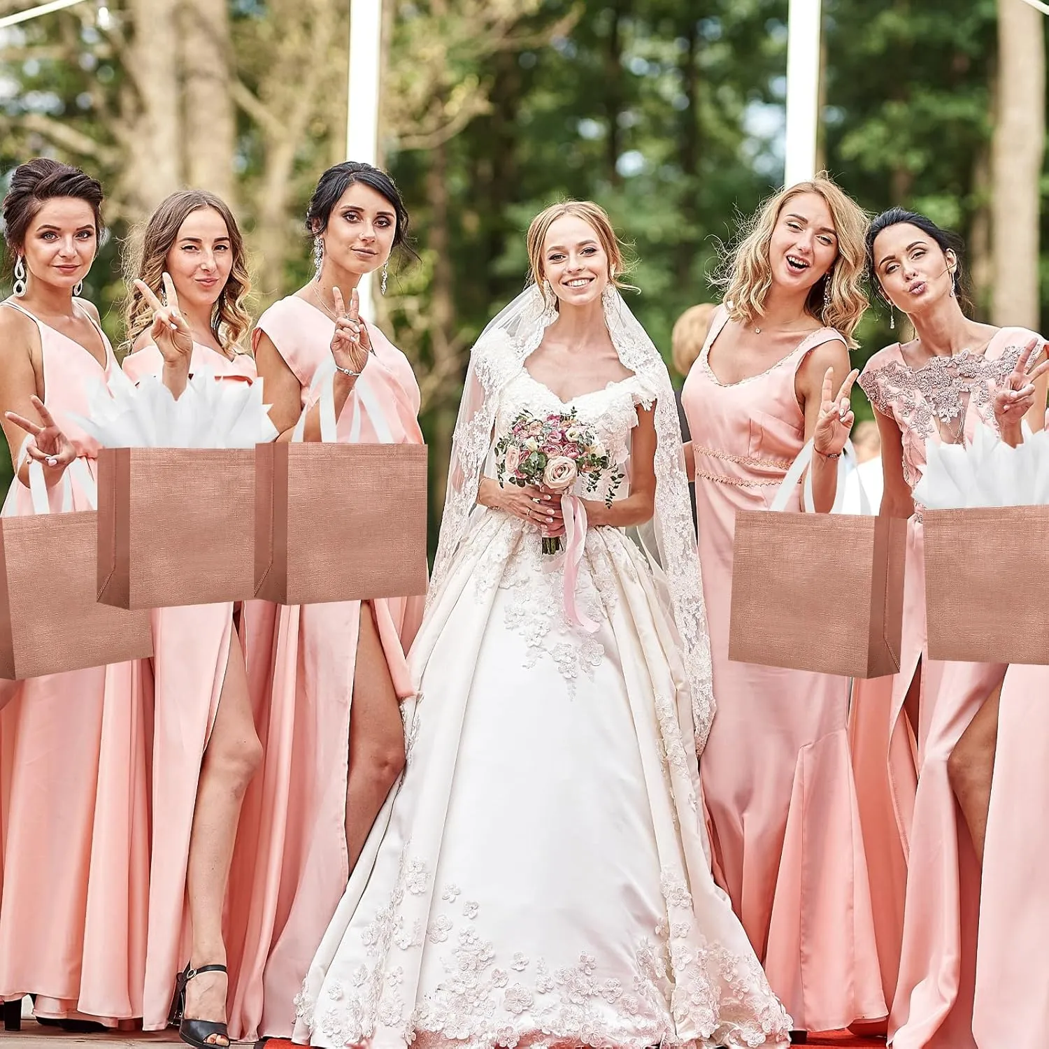 Sweetude 12 Set Glossy Reusable Bridesmaid Gift Bags with Handles Non Woven with Tissue Paper Glitter Bachelorette Bags for Wedding Birthday Baby Shower(12 x 11 x 5 Inch,Rose Gold)