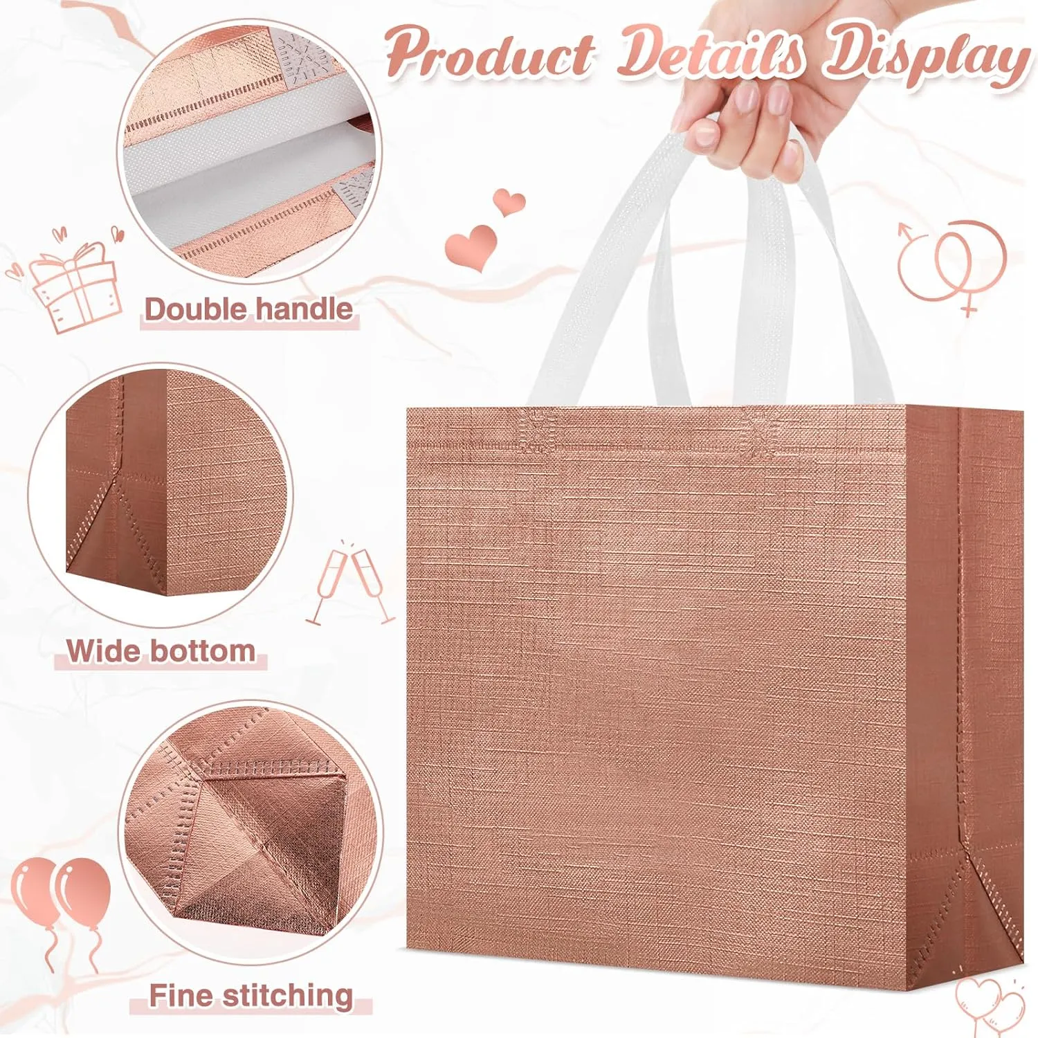 Sweetude 12 Set Glossy Reusable Bridesmaid Gift Bags with Handles Non Woven with Tissue Paper Glitter Bachelorette Bags for Wedding Birthday Baby Shower(12 x 11 x 5 Inch,Rose Gold)