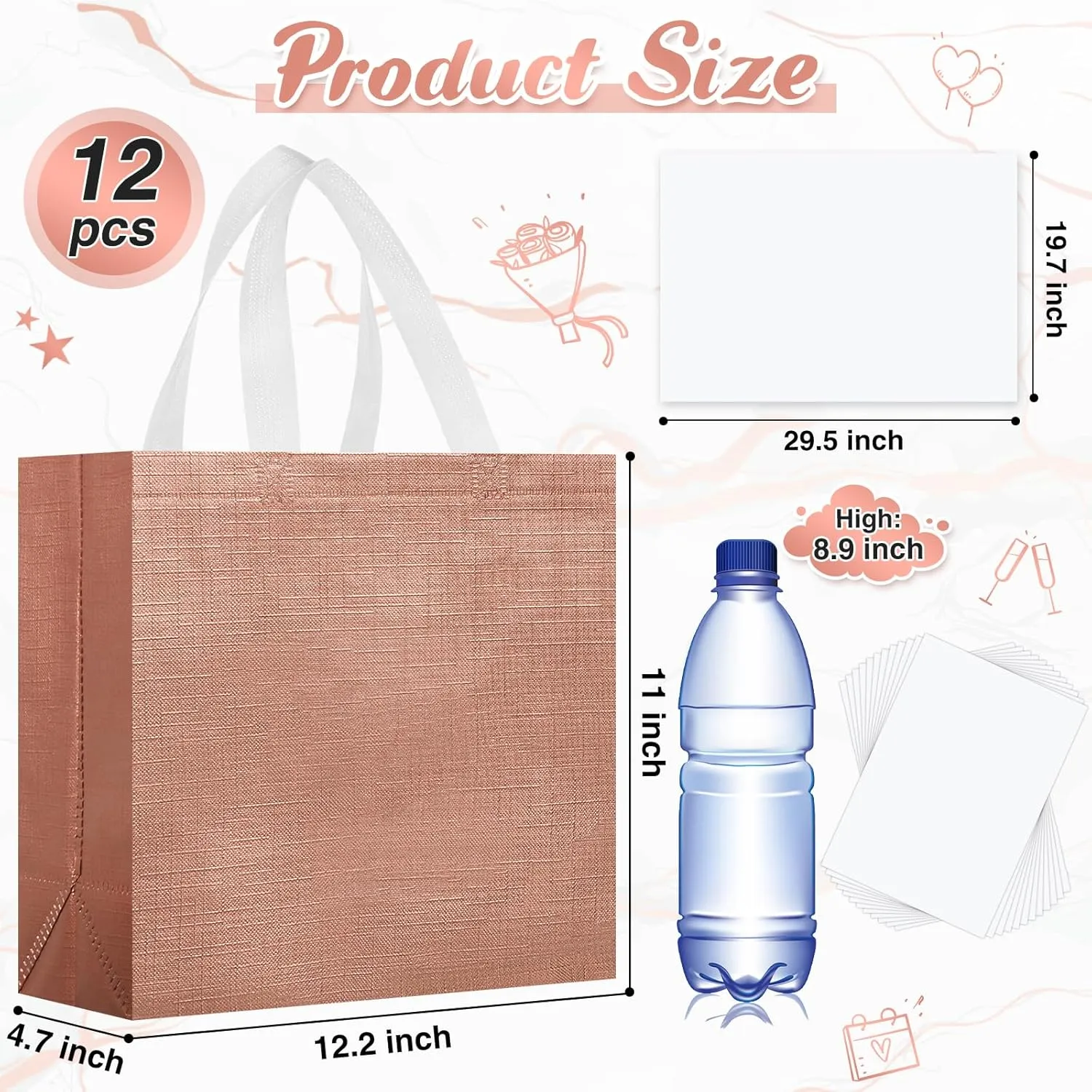 Sweetude 12 Set Glossy Reusable Bridesmaid Gift Bags with Handles Non Woven with Tissue Paper Glitter Bachelorette Bags for Wedding Birthday Baby Shower(12 x 11 x 5 Inch,Rose Gold)