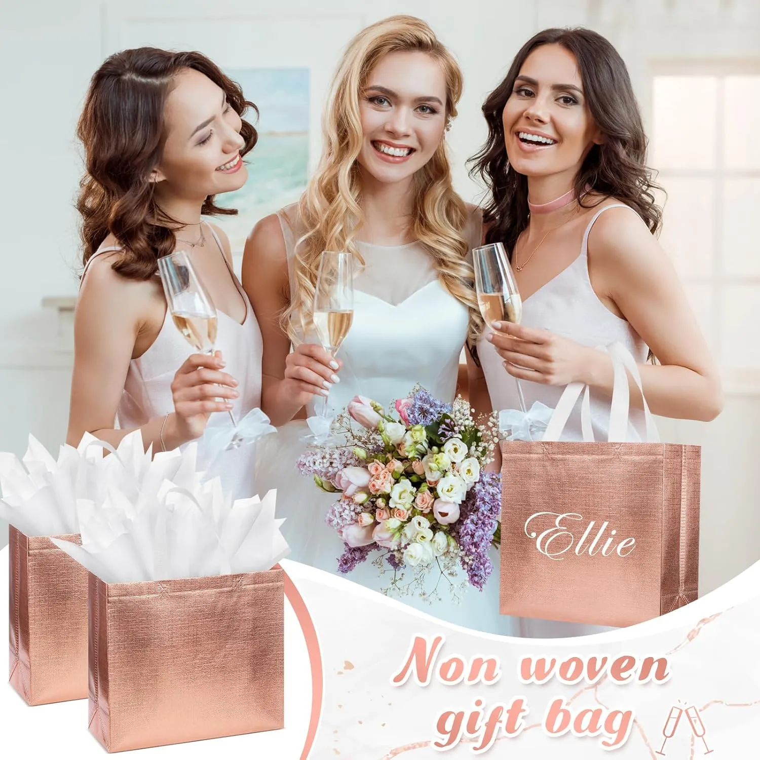 Sweetude 12 Set Glossy Reusable Bridesmaid Gift Bags with Handles Non Woven with Tissue Paper Glitter Bachelorette Bags for Wedding Birthday Baby Shower(12 x 11 x 5 Inch,Rose Gold)