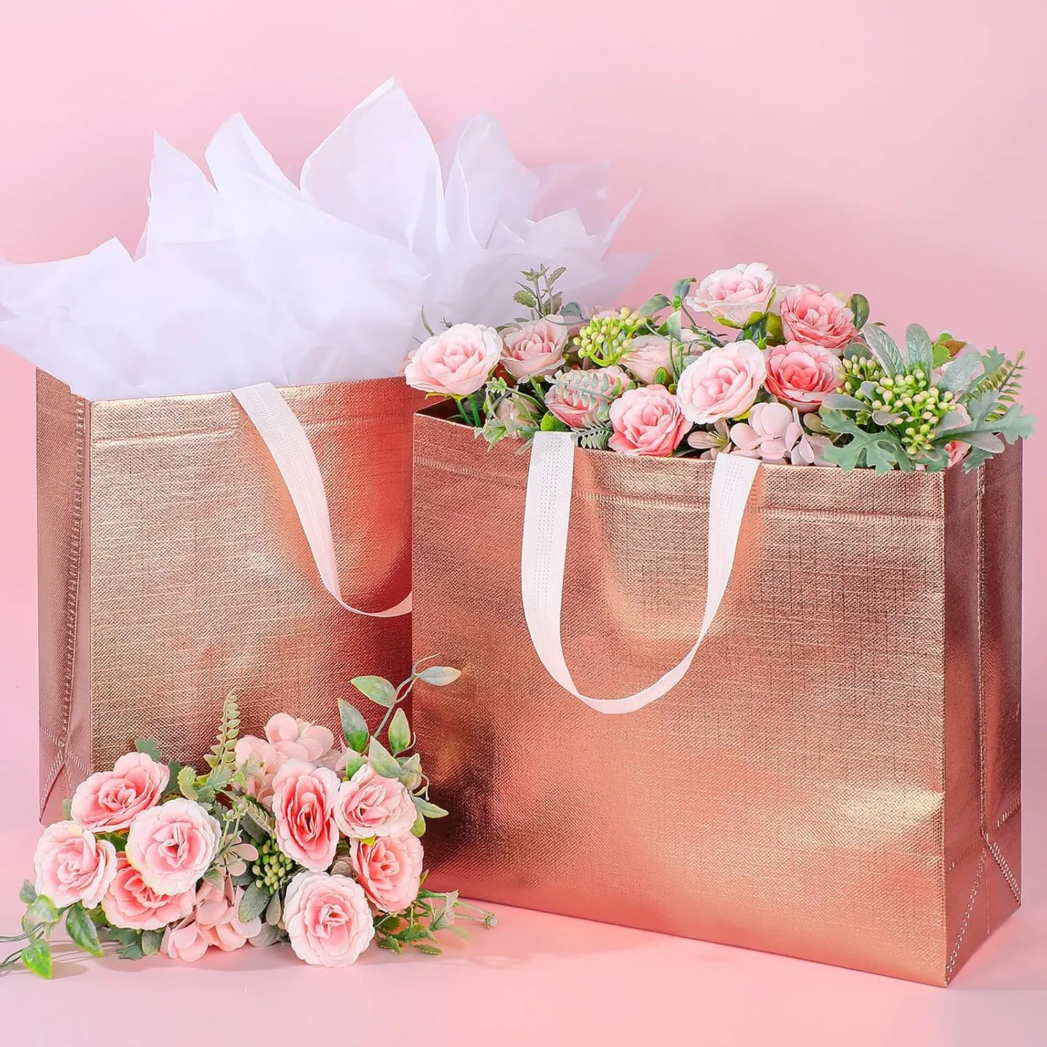 Sweetude 12 Set Glossy Reusable Bridesmaid Gift Bags with Handles Non Woven with Tissue Paper Glitter Bachelorette Bags for Wedding Birthday Baby Shower(12 x 11 x 5 Inch,Rose Gold)