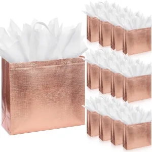 Sweetude 12 Set Glossy Reusable Bridesmaid Gift Bags with Handles Non Woven with Tissue Paper Glitter Bachelorette Bags for Wedding Birthday Baby Shower(12 x 11 x 5 Inch,Rose Gold)